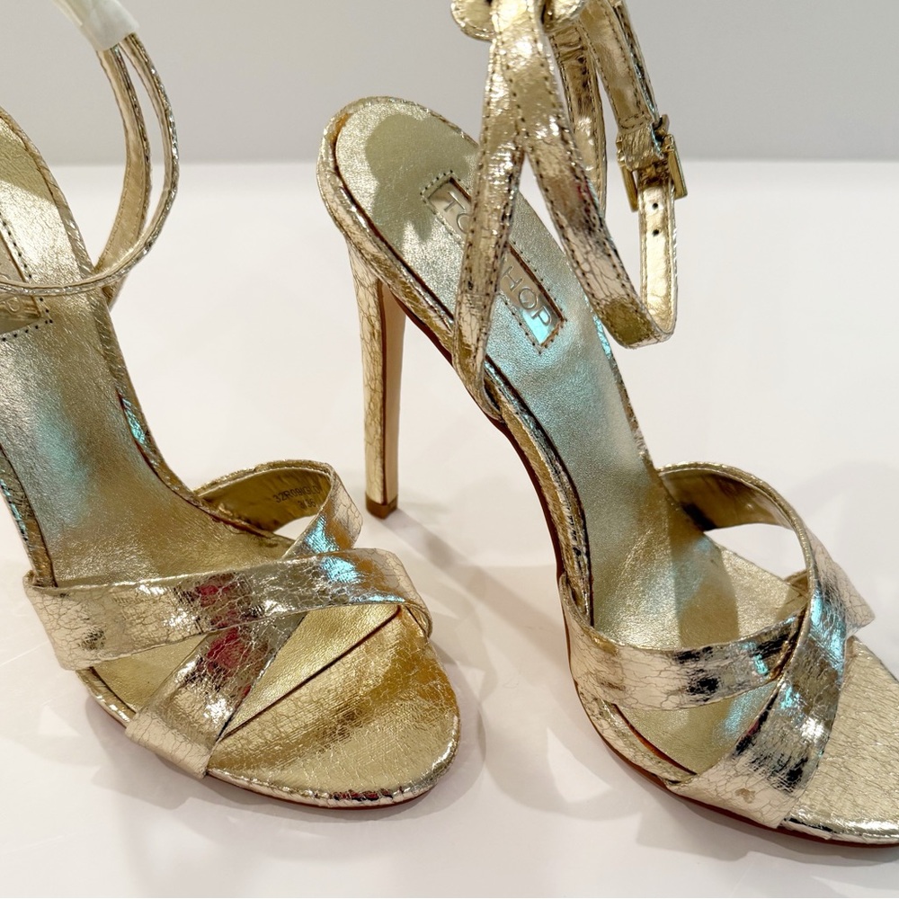 NWT! Topshop ‘Rumour’ Metallic Gold Cross-Strap Heels - Picture 11 of 13